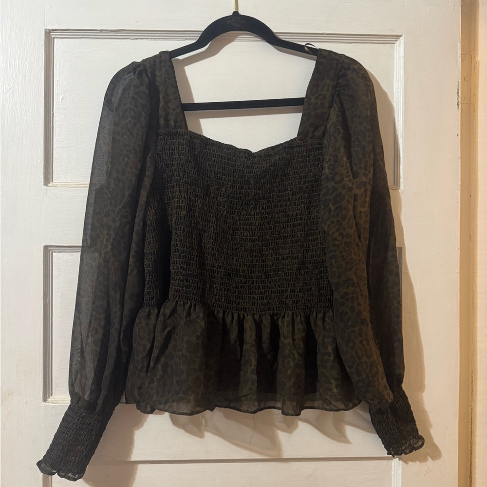 Nine West Olive Green Smocked Peplum Blouse